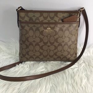 Coach Signature File Crossbody Leather Bag Brown Beige Purse